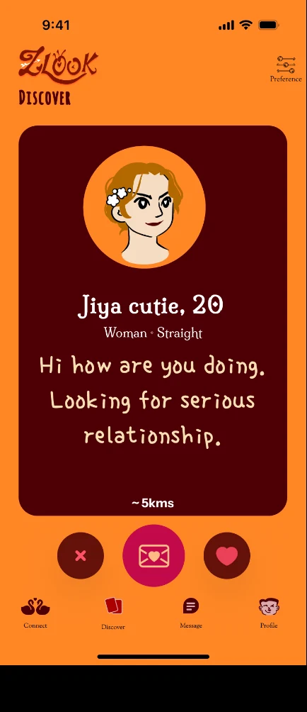 Discover profile with an illustrated avatar, bio, and actions to pass, send a note, or like